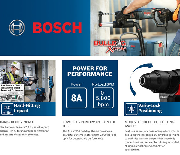 BOSCH 11255VSR Bulldog Xtreme - 8 Amp 1 Inch Corded Variable Speed Sds-Plus Concrete/Masonry Rotary Hammer Power Drill with Carrying Case, Blue