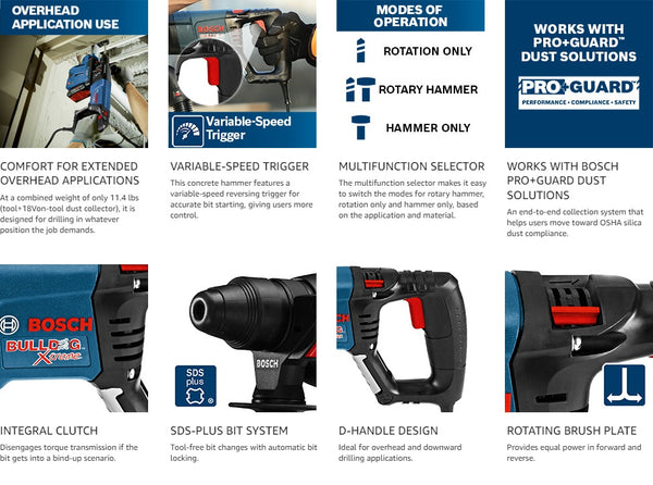 BOSCH 11255VSR Bulldog Xtreme - 8 Amp 1 Inch Corded Variable Speed Sds-Plus Concrete/Masonry Rotary Hammer Power Drill with Carrying Case, Blue